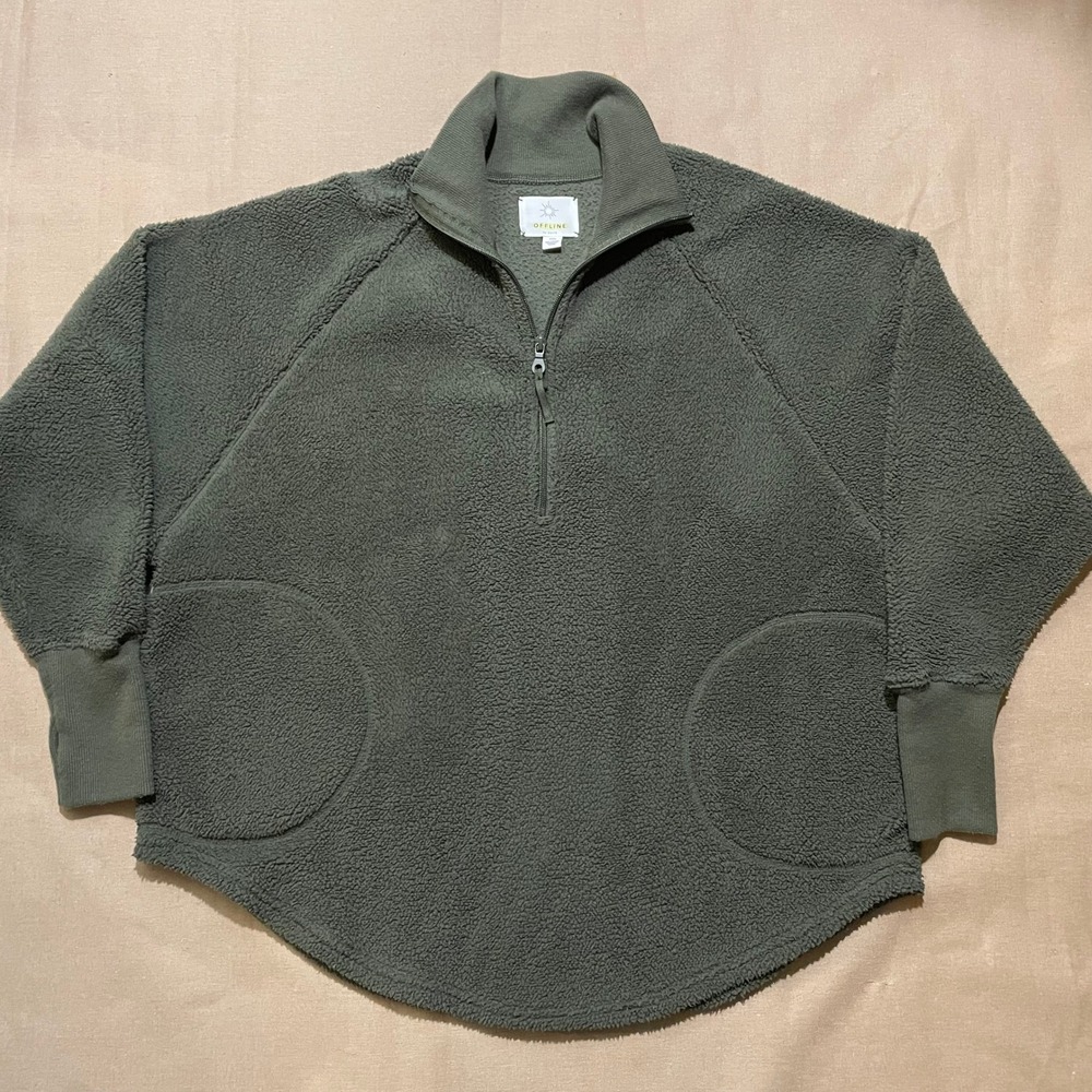 Offline by Aerie Green Sherpa Fleece 1/2 Zip Pullover Sz S Oversized Gorpcore